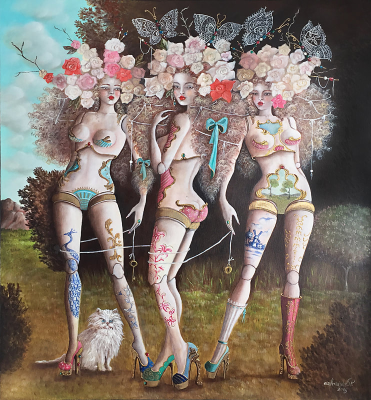 LAS TRES GRACIAS. Óleo sobre lienzo. 2015. (Serie "Muñecas en el Arte") 70 x 80 cm. 
OBRA NO DISPONIBLE.